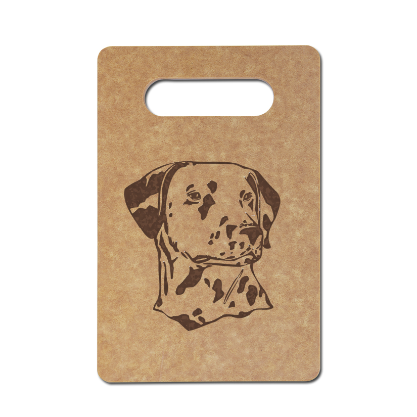 Personalized eco-friendly cutting board with a dog design 2 and custom engraved text. Dog Design Cutting Board