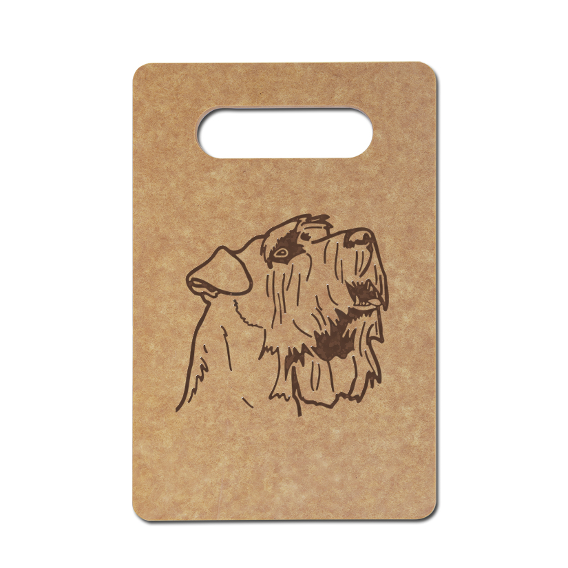 Personalized eco-friendly cutting board with a sporting dog design and custom engraved text. Dog Eco Cutting Board