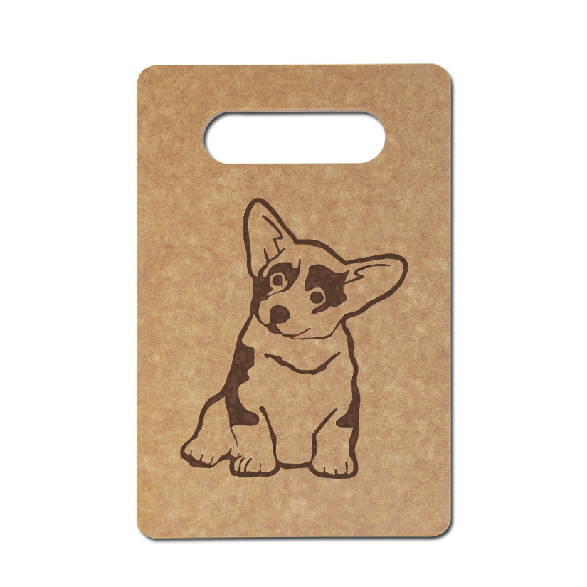 Personalized eco-friendly cutting board with a corgi design and custom engraved text.