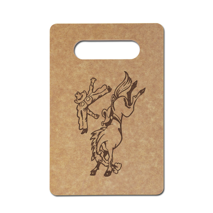 Personalized eco-friendly cutting board with a rodeo design and custom engraved text.