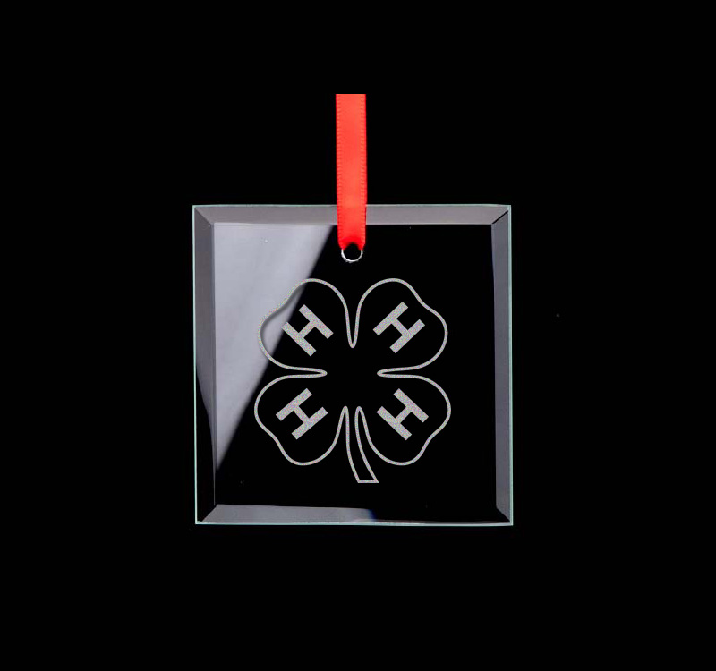 Square glass engraved Christmas ornament / sun catcher with personalized text and the 4-H logo of your choice. 4H Ornament