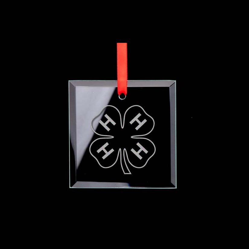 Square glass engraved Christmas ornament / sun catcher with personalized text and the 4-H logo of your choice. 4H Ornament