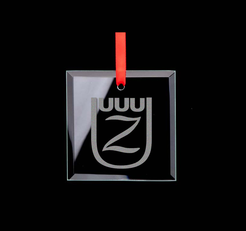 Square glass engraved Christmas ornament / sun catcher with personalized text and the horse breed logo of your choice. Equestrian Ornament