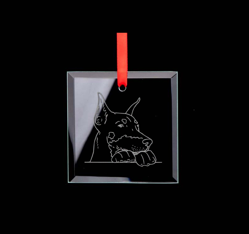 Custom engraved square glass ornament with your choice of Doberman design and personalized text. Doberman Ornament