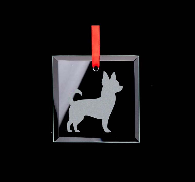 Custom engraved square glass ornament with your choice of dog design and personalized text. Glass Dog Ornament