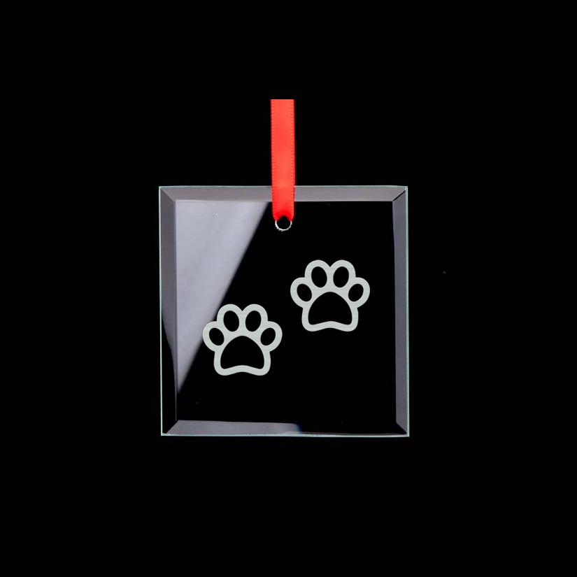 Custom engraved square glass dog paw ornament with your choice of dog paw design and personalized text.