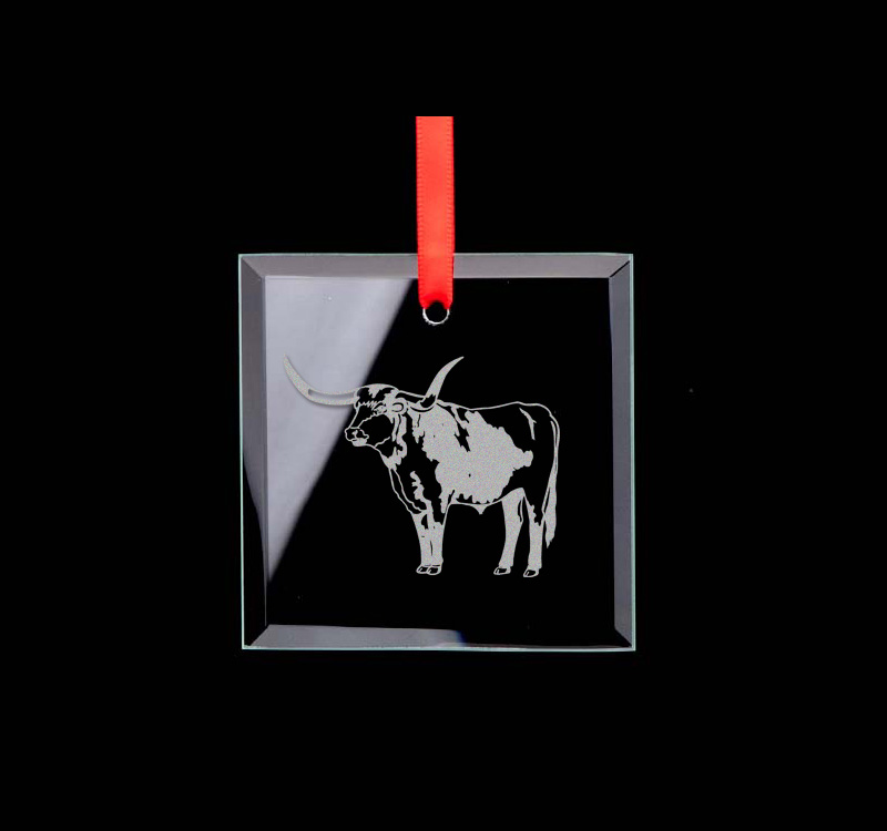 Custom engraved square glass ornament with your choice of farm animal design and personalized text. Farm Animals Ornament
