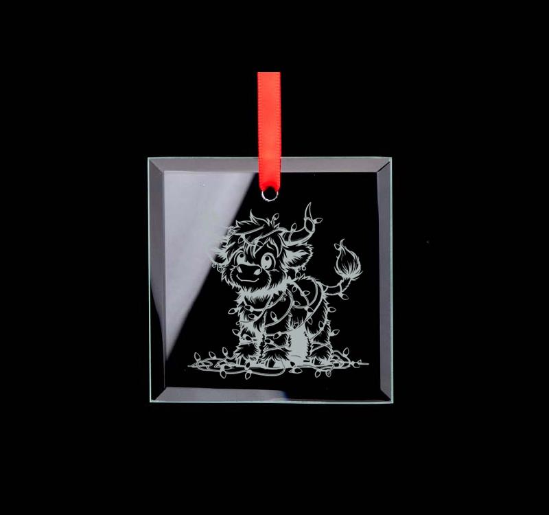 Custom engraved square glass ornament with your choice of farm animal design and personalized text. Farm Animals Ornament