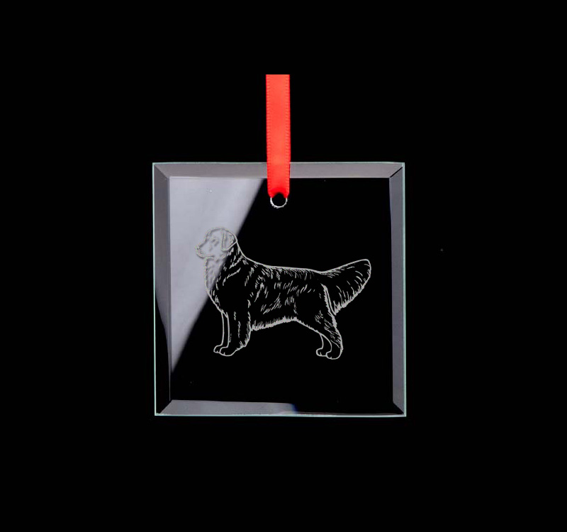 Square glass engraved Christmas ornament / sun catcher with personalized text and the Golden Retriever design of your choice. Golden Retriever Ornament