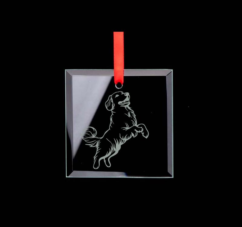 Square glass engraved Christmas ornament / sun catcher with personalized text and the Golden Retriever design of your choice. Golden Retriever Ornament