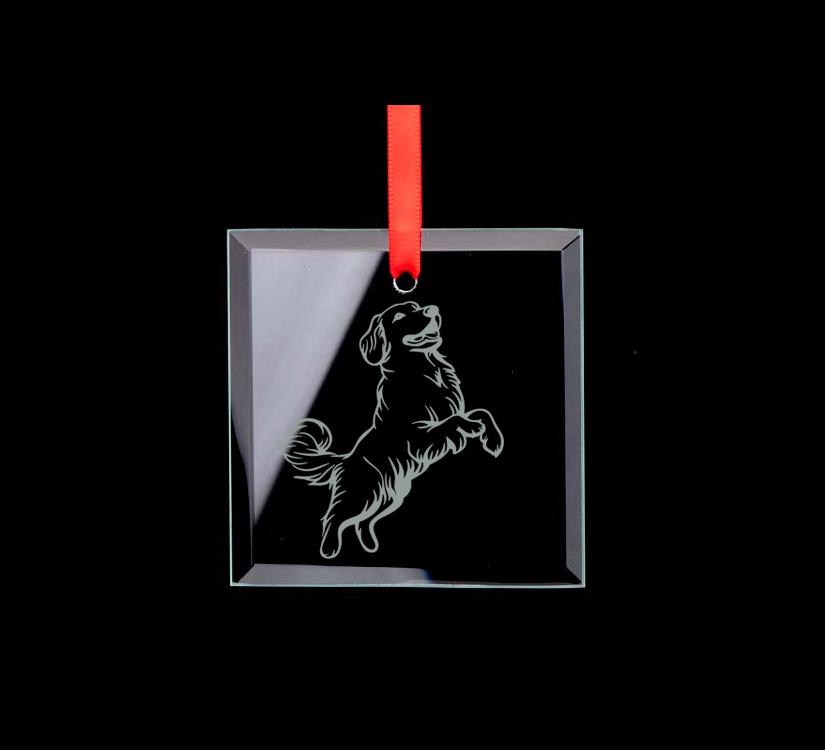 Square glass golden retriever ornament with personalized text and the golden retriever design of your choice. 80+ Golden Retriever designs to choose from.
