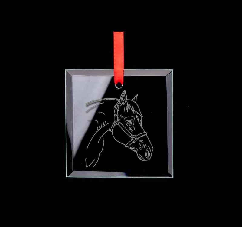 Custom engraved square glass ornament with your choice of horse design and personalized text. Horse Ornament