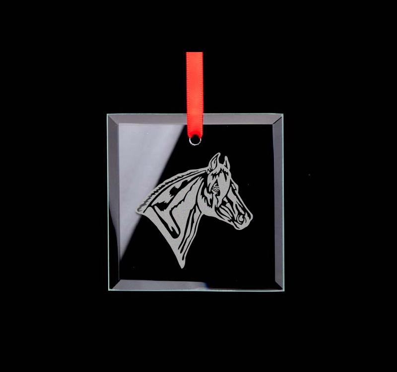 Custom engraved square glass ornament with your choice of horse design and personalized text. Horse Ornament