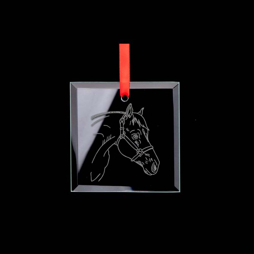 Custom engraved square glass horse ornament with your choice of horse design and personalized text. 145+ horse designs to choose from.