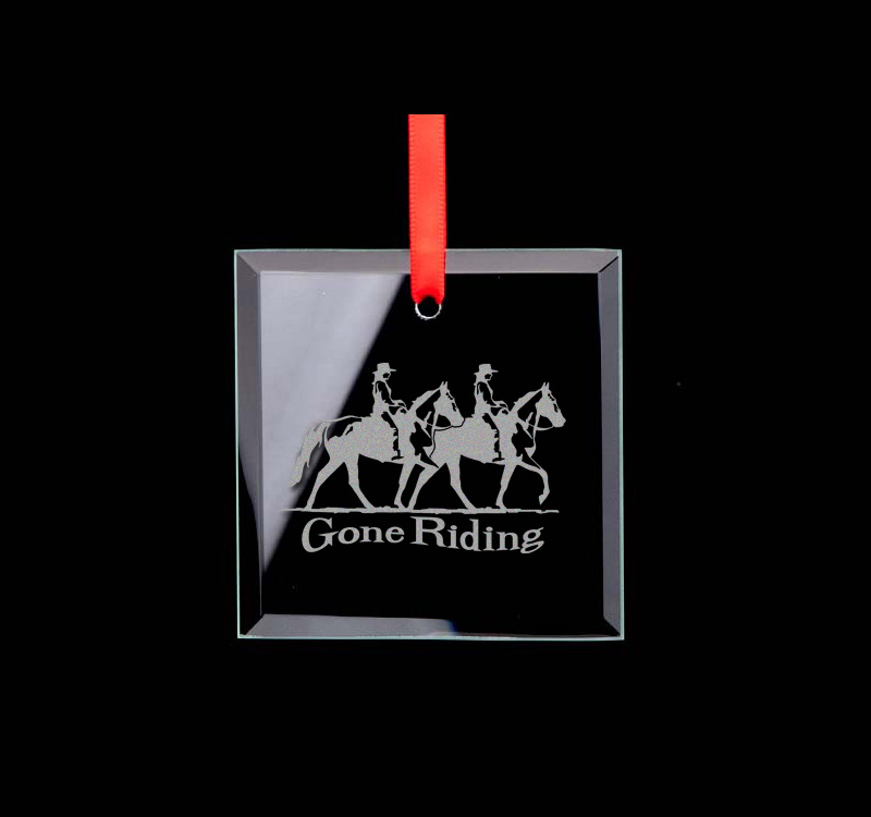 Custom engraved square glass ornament with your choice of horse design 3 and personalized text. Horse Ornament