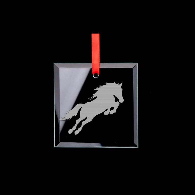 Engraved square glass horse silhouette ornament with your choice of horse silhouette and personalized text. 85+ horse silhouettes to choose from.