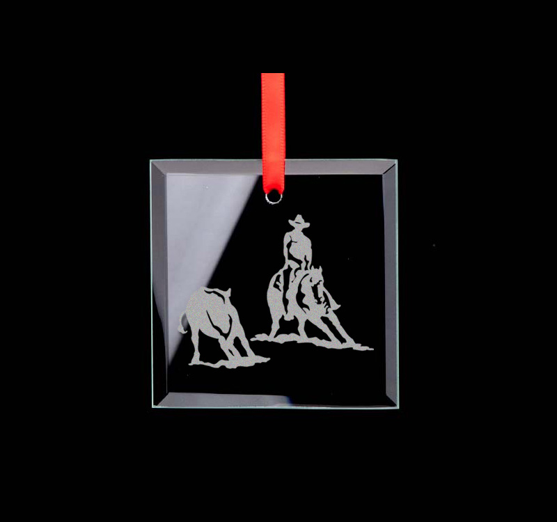 Custom engraved square glass ornament with your choice of rodeo design and personalized text. Rodeo Ornament