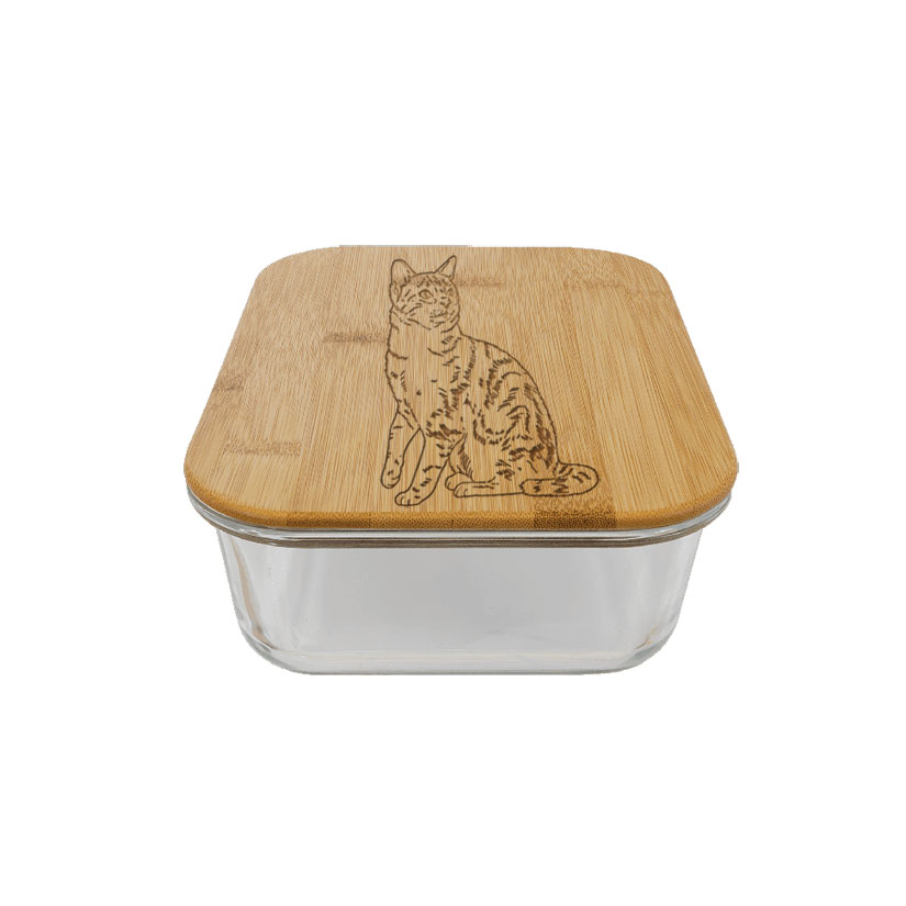 Personalized glass and bamboo cat animal design food storage container. Cat Treat Container