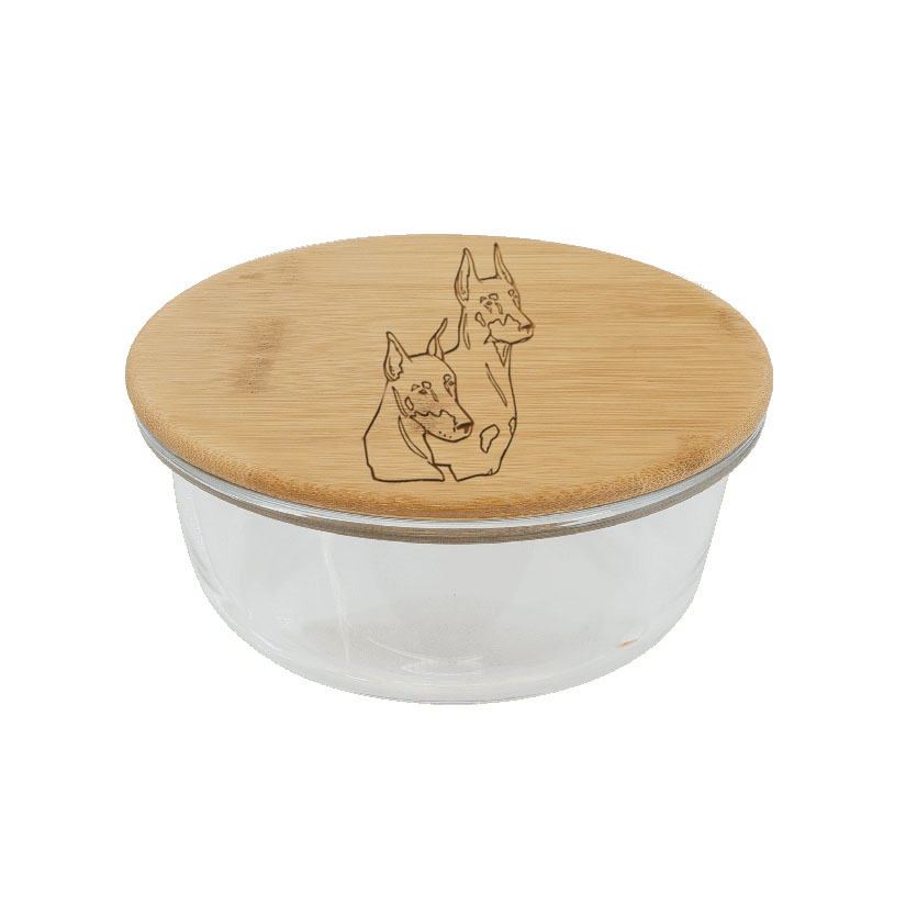 Personalized glass and bamboo doberman design food storage container. Doberman Treat Container