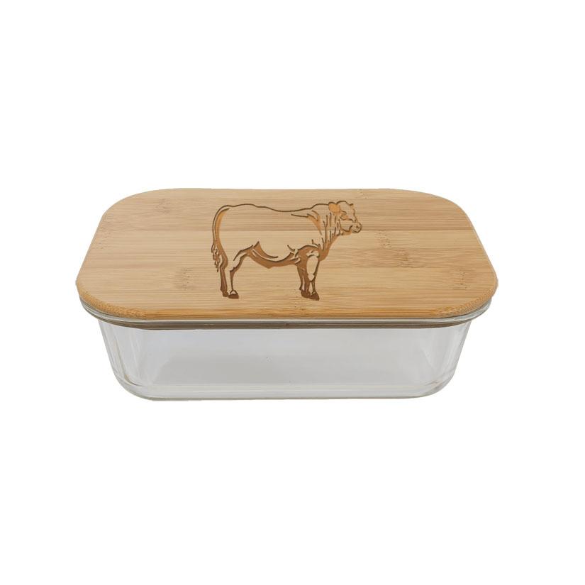 Food storage container with your choice of custom engraved farm animal design and personalized text.