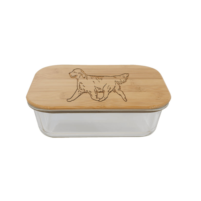 Personalized glass and bamboo Golden Retriever design food storage container. Golden Retriever Treats