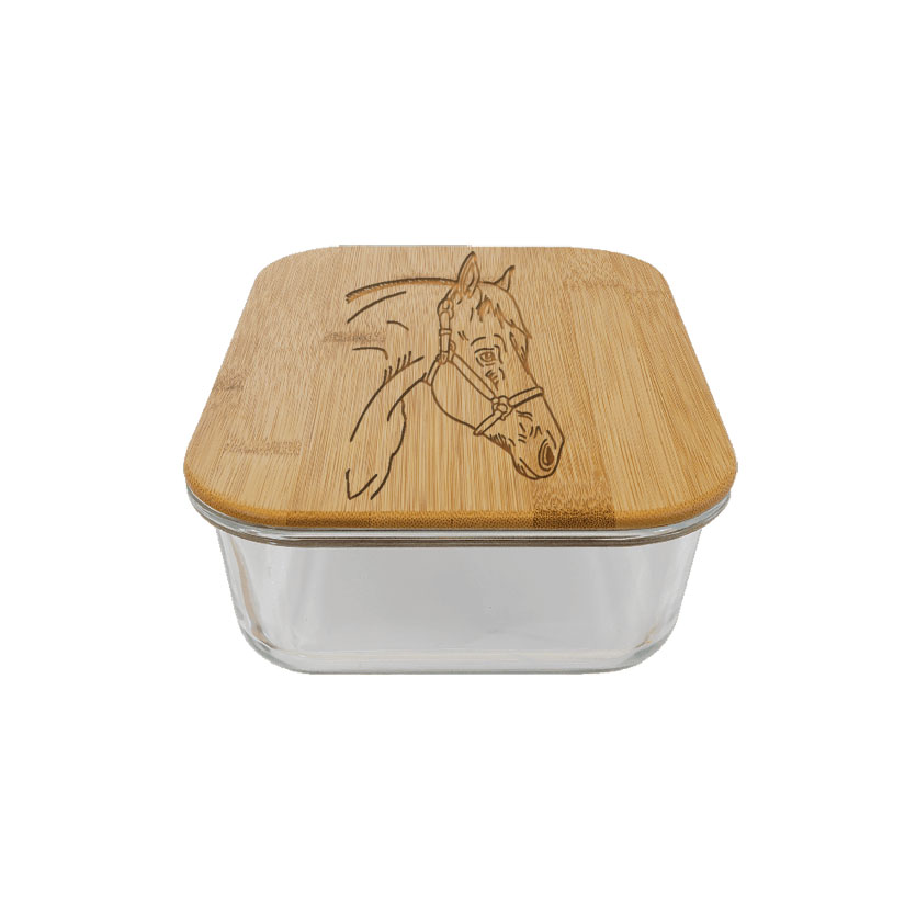 Personalized glass and bamboo horse design food storage container.  Horse Gift
