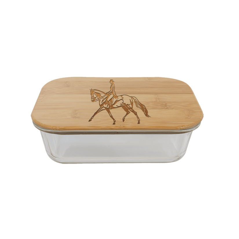 Food storage container with your choice of custom engraved horse design 2 and personalized text. Equestrian Gift