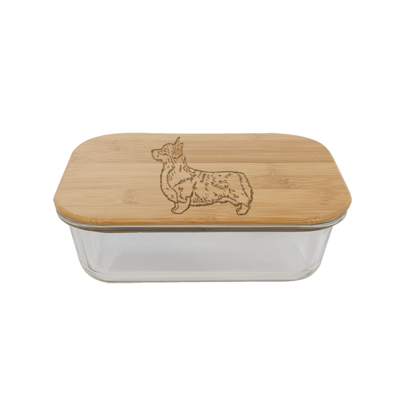 Food storage container with your choice of custom engraved corgi design and personalized text. Corgi Treat Container