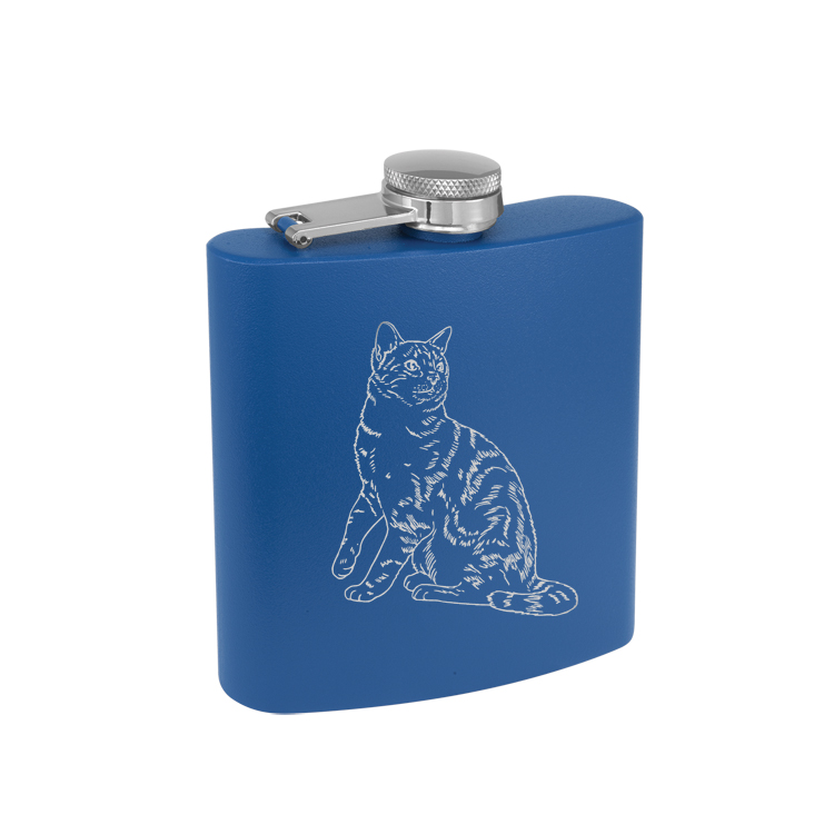 Colored stainless steel 6 oz flask with personalized text and engraved cat design. Cat Flask