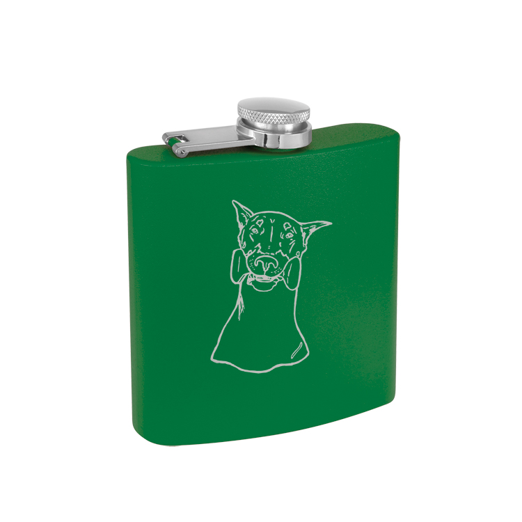 Custom engraved colored stainless steel flask with personalized engraved text and Doberman dog design.