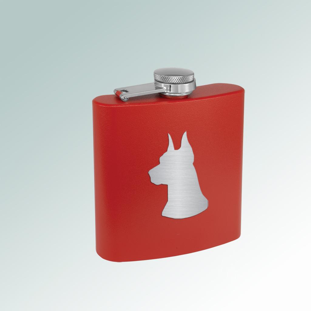Colorful stainless steel 6 oz doberman flask with personalized text and the doberman design of your choice. 25+ doberman designs to choose from.