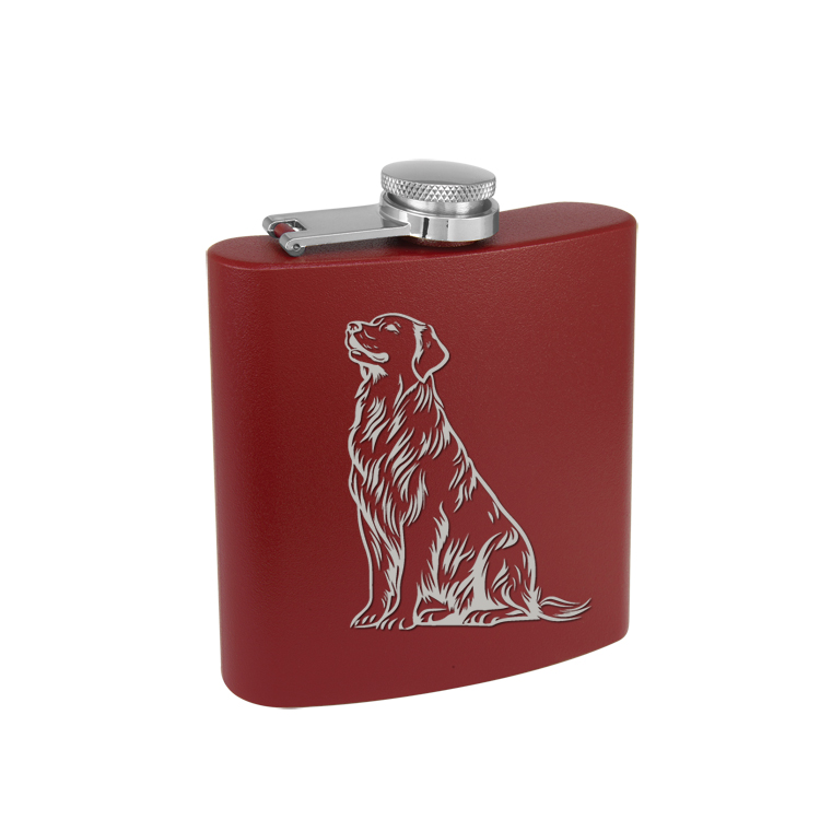 Custom engraved colored stainless steel flask with personalized engraved text and Golden Retriever dog design.