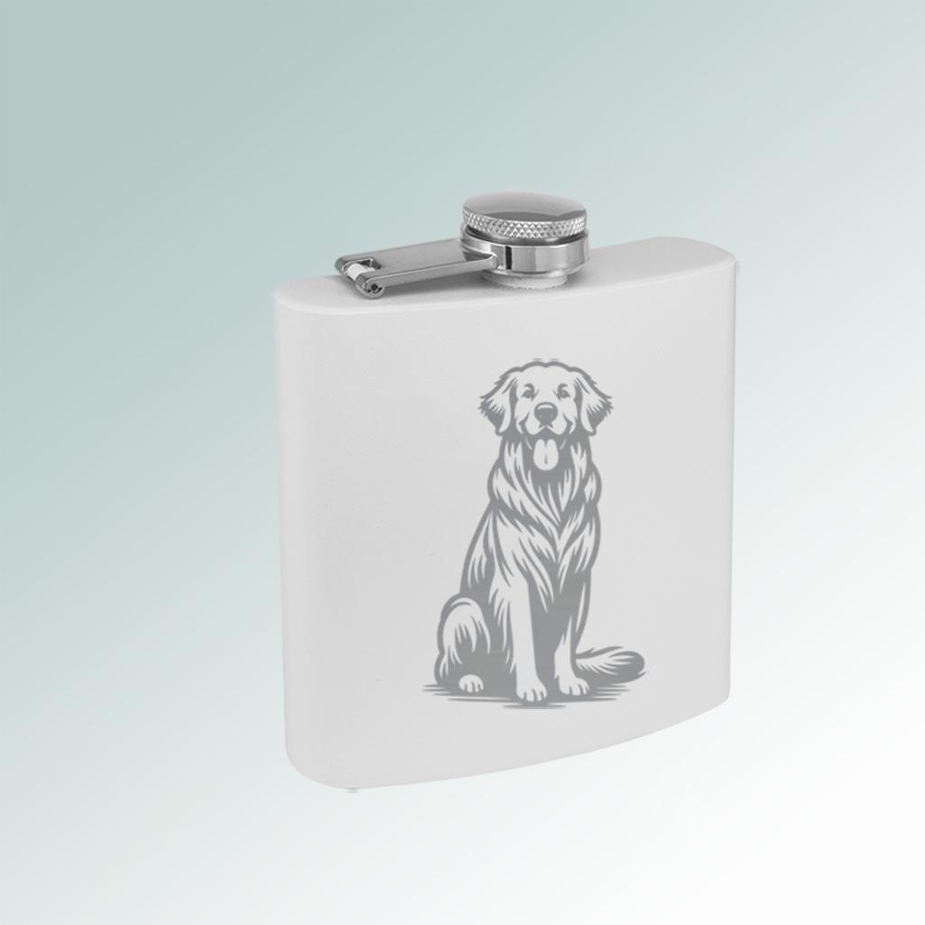 Colorful 6 oz golden retriever flask with personalized text and the golden retriever design of your choice. 80+ Golden Retriever designs to choose from.