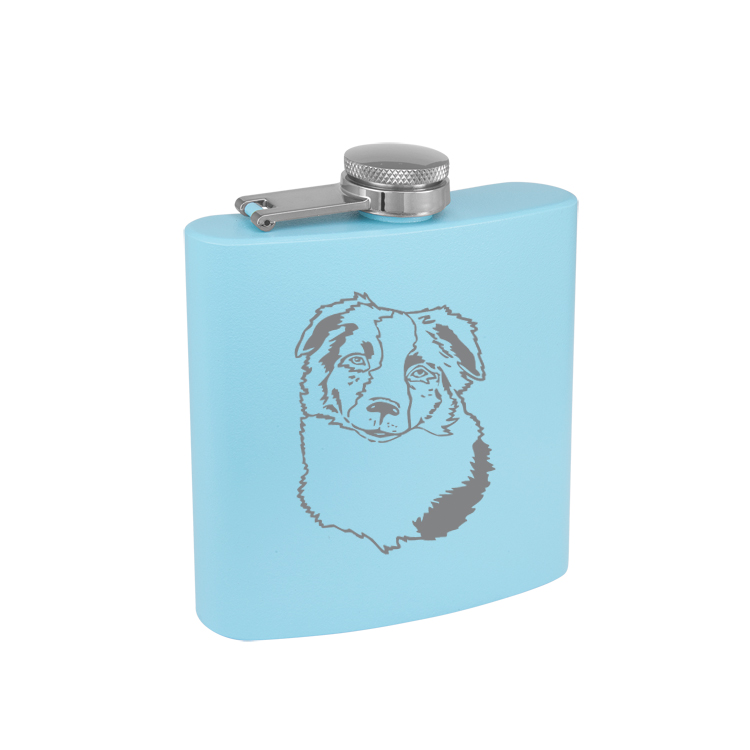 Personalized stainless steel flask with custom engraved text and herding dog design.
