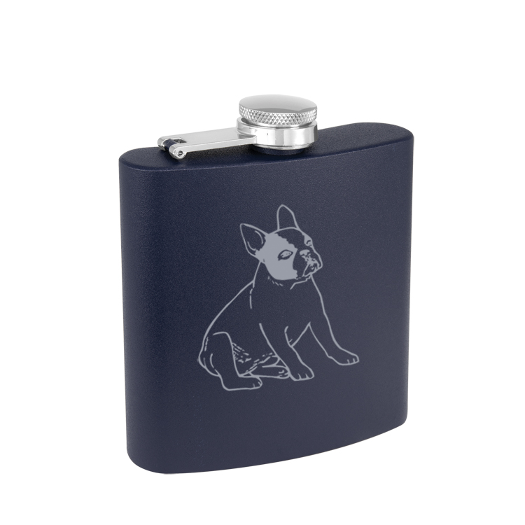 Personalized stainless steel 6 oz flask with engraved text and misc dog design of your choice.
