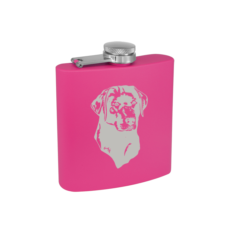 Personalized stainless steel 6 oz flask with engraved text and sporting dog design of your choice.