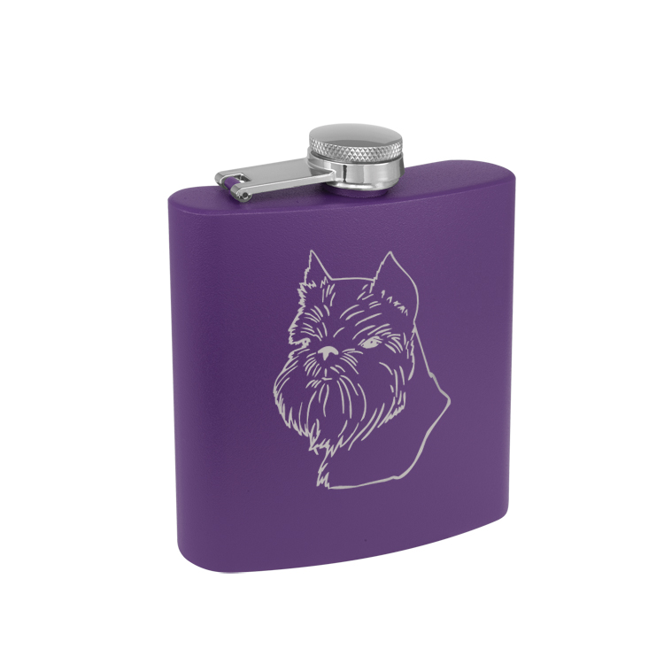 Personalized stainless steel 6 oz flask with engraved text and toy dog design of your choice.