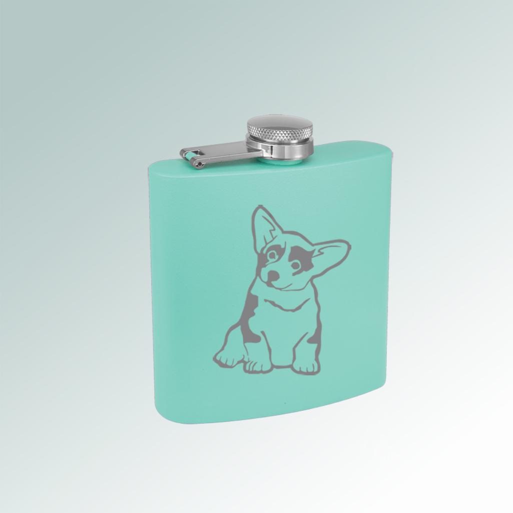 Colorful stainless steel 6 oz corgi flask with personalized text and the corgi design of your choice. 100+ corgi designs to choose from.