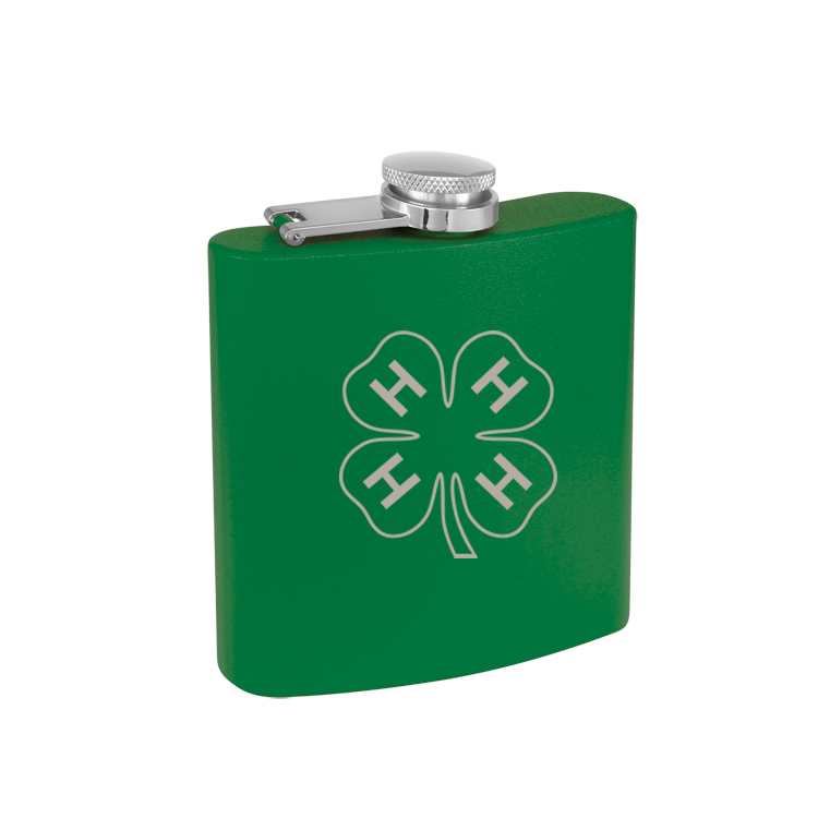 Colored stainless steel 6 oz flask with engraved 4-H logo of your choice.