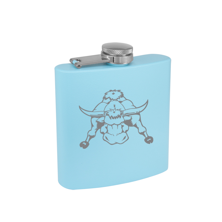 Personalized colored stainless steel flask with your choice of farm animal design and customer engraved text. Cow Flask