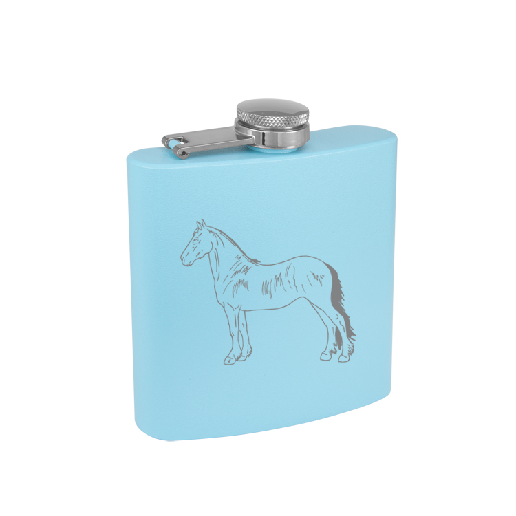 Colored stainless steel 6 oz flask with engraved horse design of your choice. Horse Flask