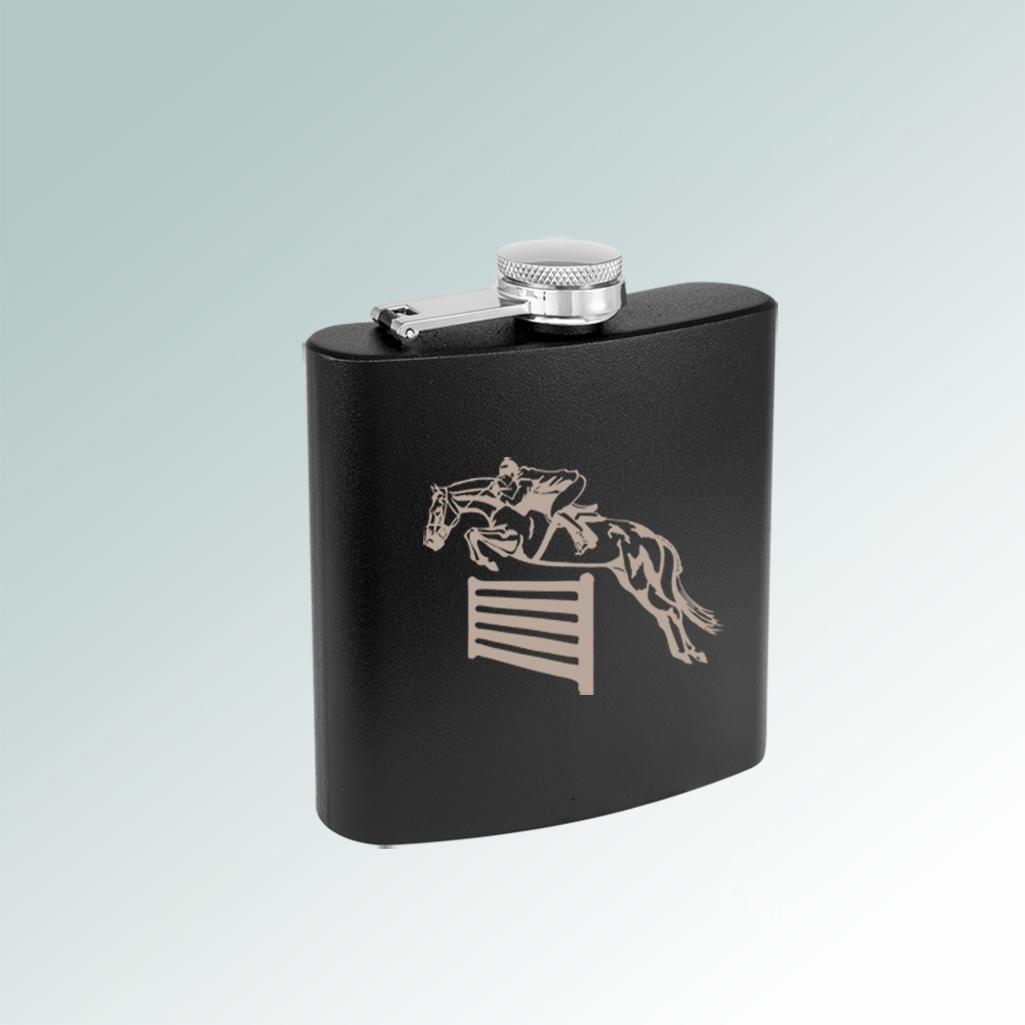 Colored stainless steel 6 oz horse  flask with engraved horse design of your choice. 145+ horse designs to choose from.