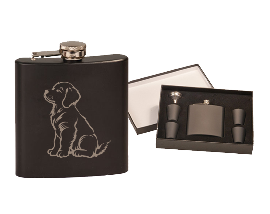 Custom engraved stainless steel flask gift set with your choice of Golden Retriever dog design and personalized text.