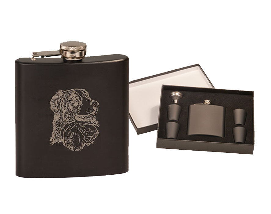 Custom engraved stainless steel flask gift set with your choice of dog design 1 and personalized text. Dog Flask Set