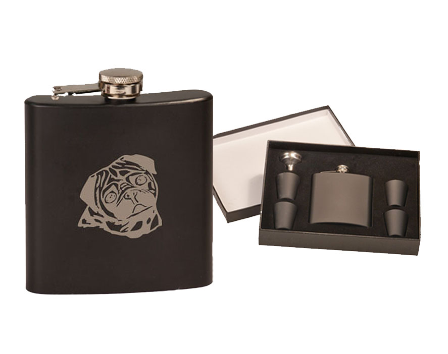 Custom engraved stainless steel flask gift set with your choice of toy dog design and personalized text.