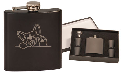 Colored stainless steel 6 oz flask set with engraved Welsh Corgi design of your choice. Corgi Flask & Shot Glasses