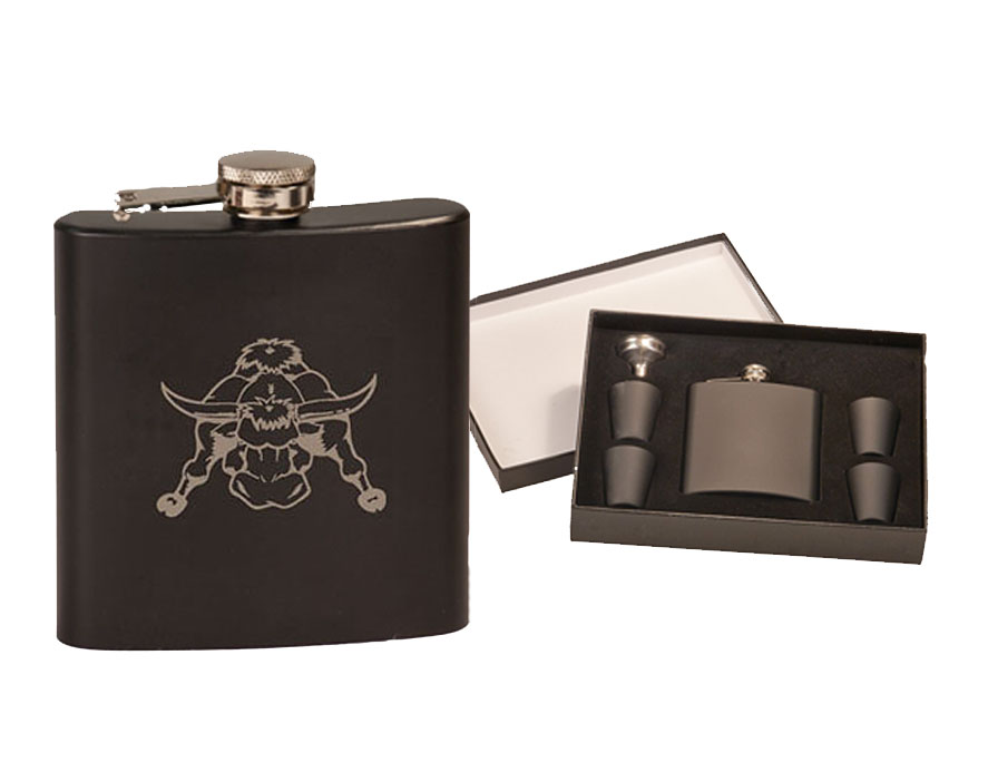 Colored stainless steel 6 oz flask set with engraved horse design of your choice. Farm Animal Flask Set