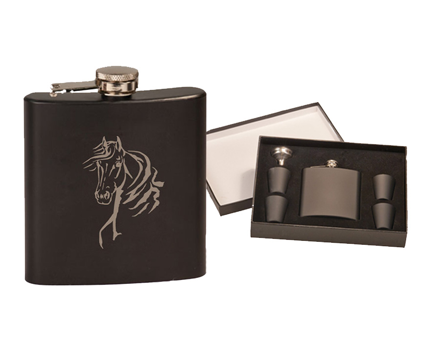 Colored stainless steel 6 oz flask set with engraved horse design 2 of your choice. Set includes 4 shot glasses, a funnel and presentation box.