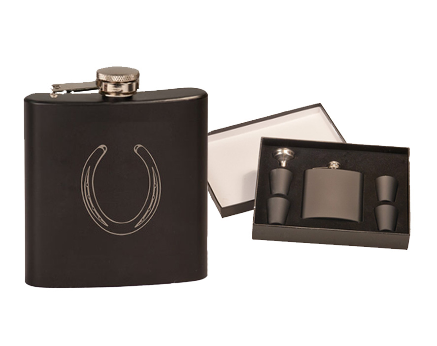 Colored stainless steel 6 oz flask set with engraved horse design 3 of your choice. Set includes 4 shot glasses, a funnel and presentation box.