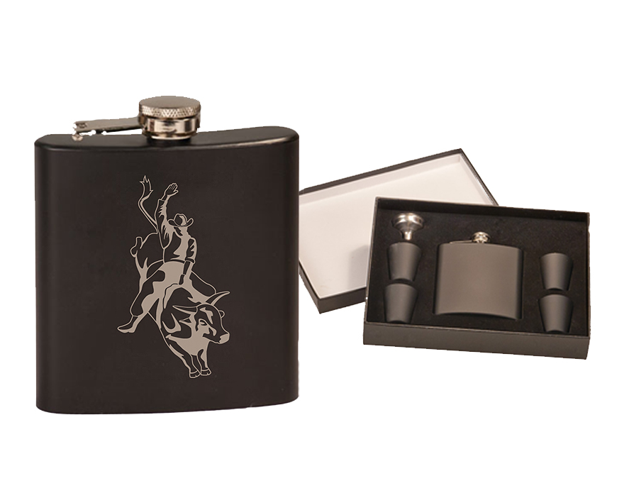 Personalized flask set with custom engraved rodeo design. Set includes flask, 4 shot glasses, funnel and a gift box.